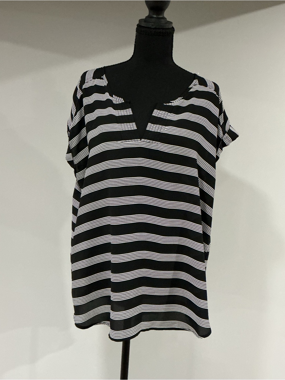 Striped Black & White V-Neck Swim Cover-Up Tunic